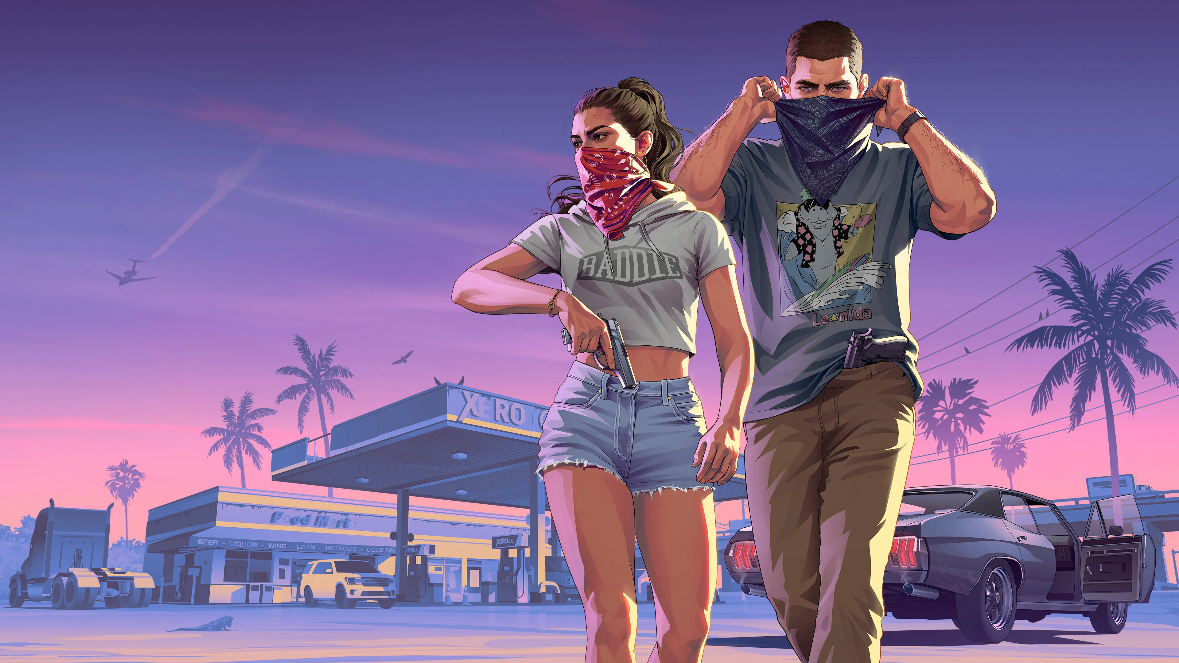 Jason y Lucía junto a un coche bajo las palmeras de Vice City al atardecer
